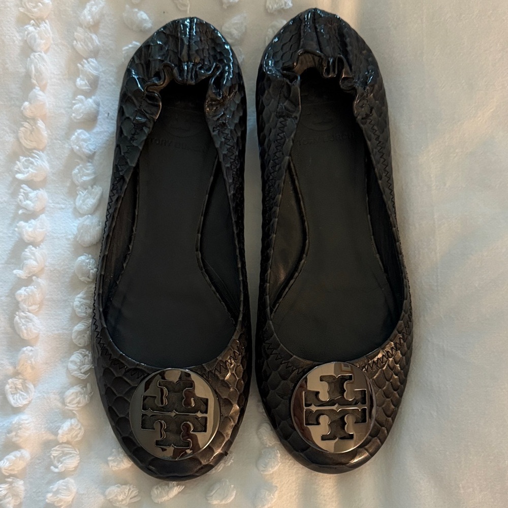 Tory Burch Black Snakeskin Minnie Travel Ballet Flats with Silver Logo